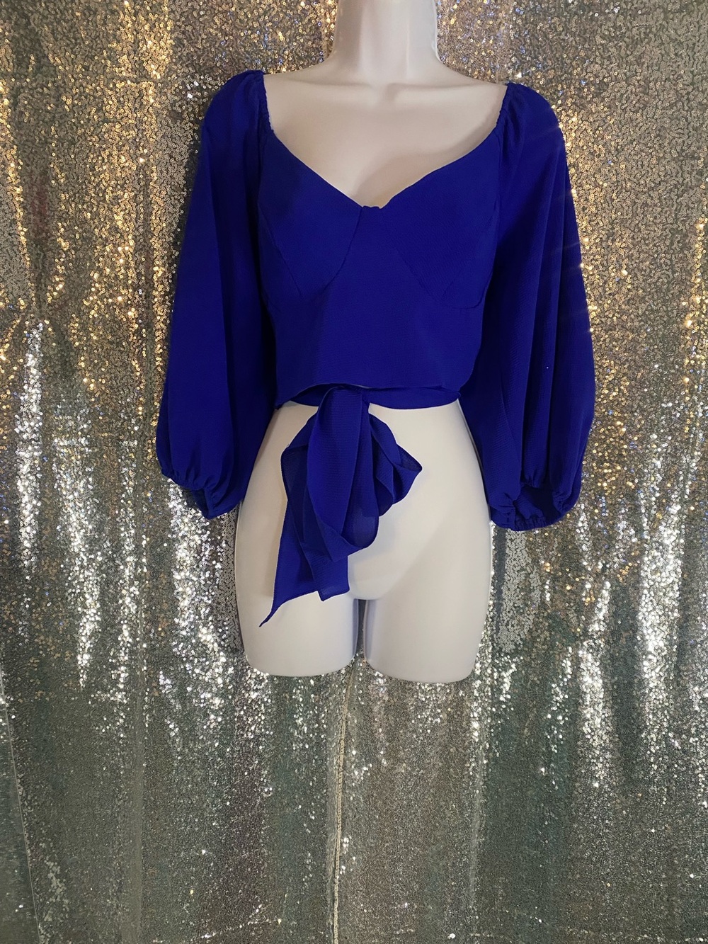 Premier Amour Cobalt Blue Covertible Crop Blouse-Off-Shoulder Tie front/back Top